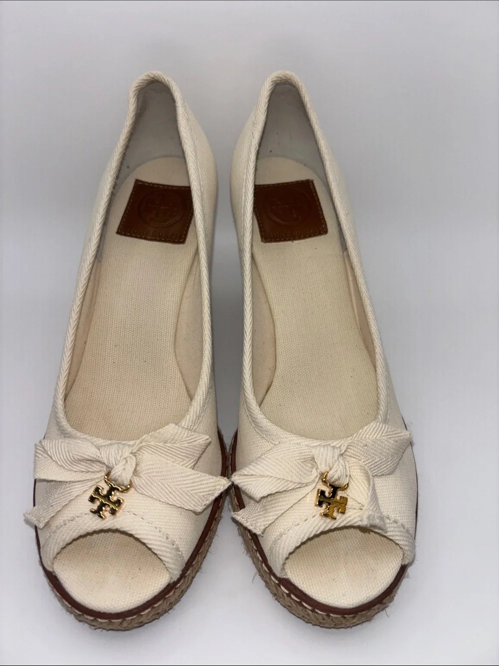 Tory Burch Cream Canvas Peep-Toe Espadrille Wedges with Gold Logo Charm